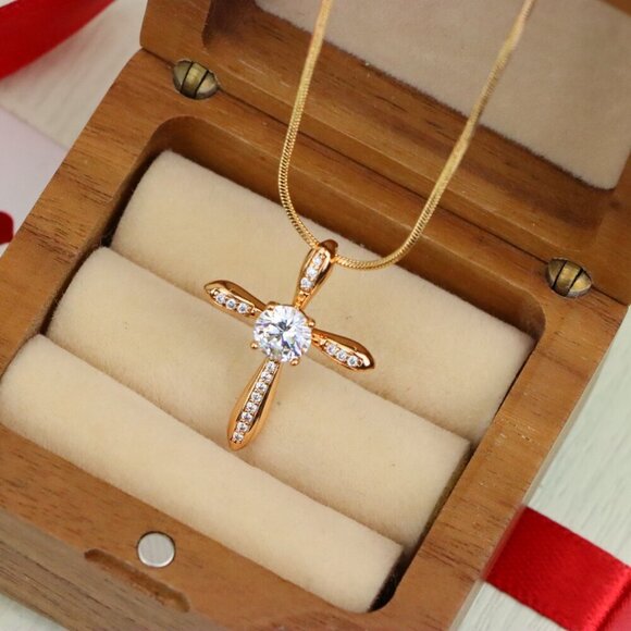 "Elegant Cross Pendant with Center Solitaire in Rose Gold Finish, XPPT1828 - Picture 8 of 13